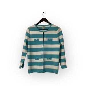 Anne Klein Women's Striped‎ Cardigan Sweater Teal White Button Front Size S